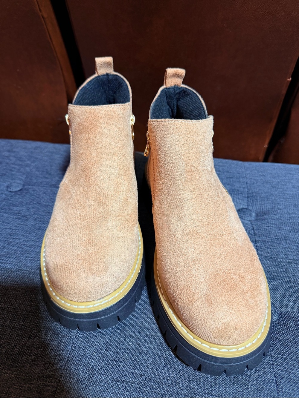 Suede Side-Zip Chunky Sole Booties in Tan (size 8- 8.5 ) - Picture 6 of 7